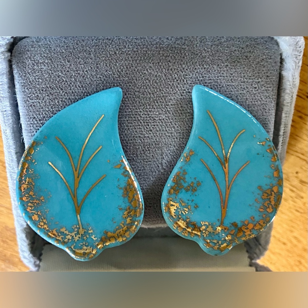 Vintage Turquoise and Gold Leaf Ceramic Earrings